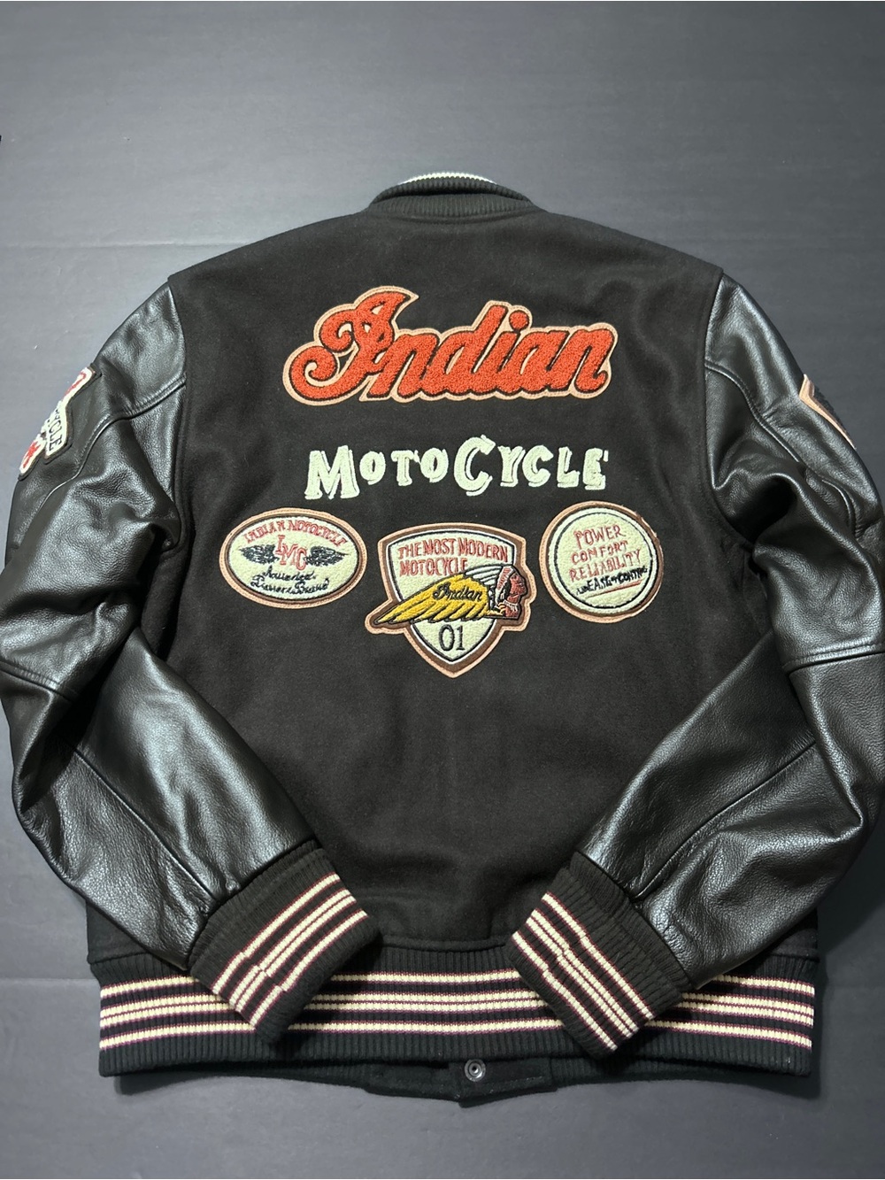 Vintage Indian Motorcycle Leather Sleeve Varsity Bomber Jacket Black L Patches - Picture 2 of 16
